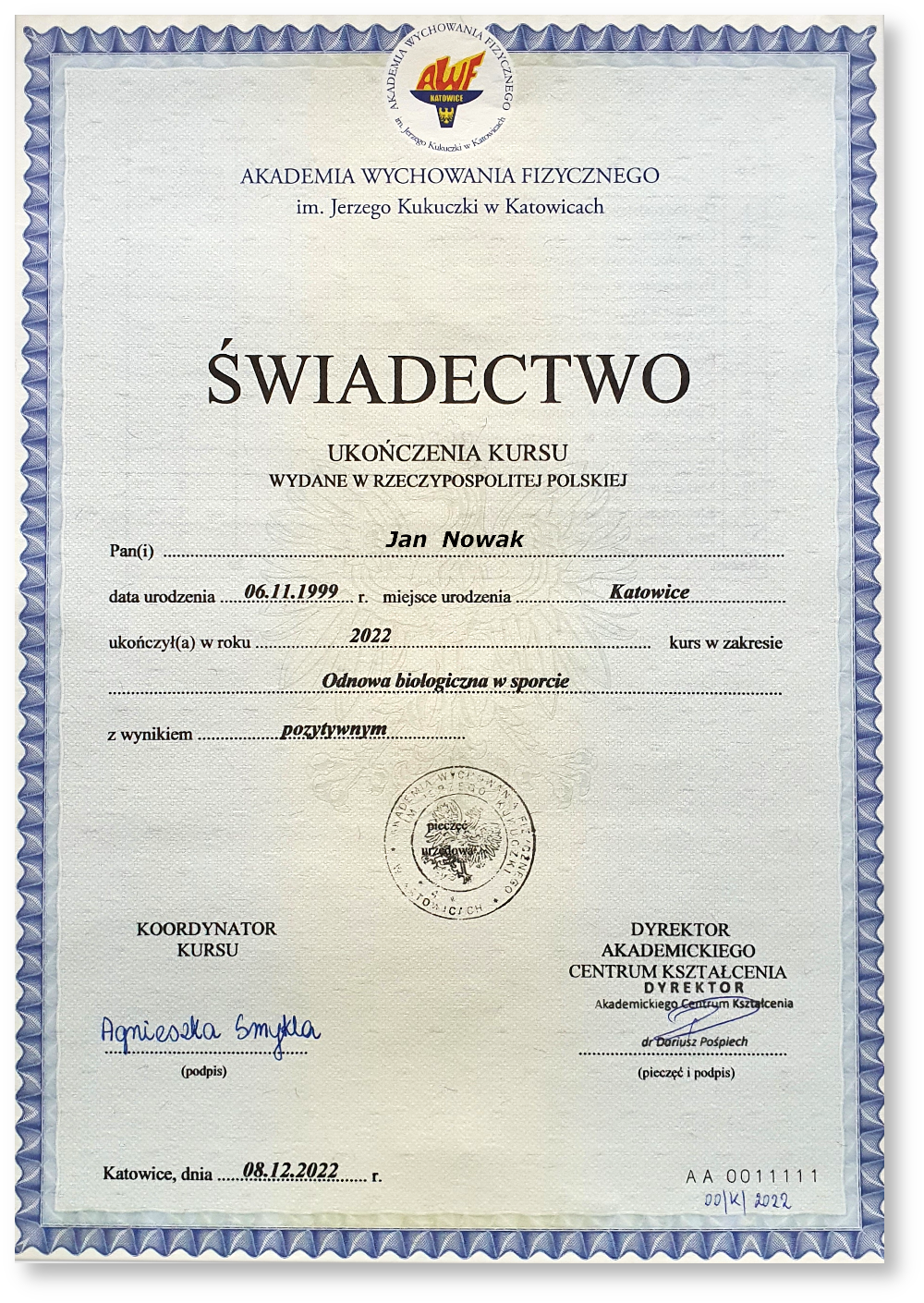 Grafika przedstawia świadectwo z przedniej strony