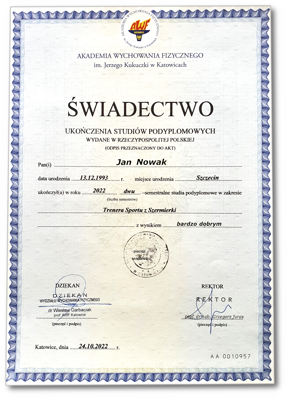 Świadectwo przednia strona