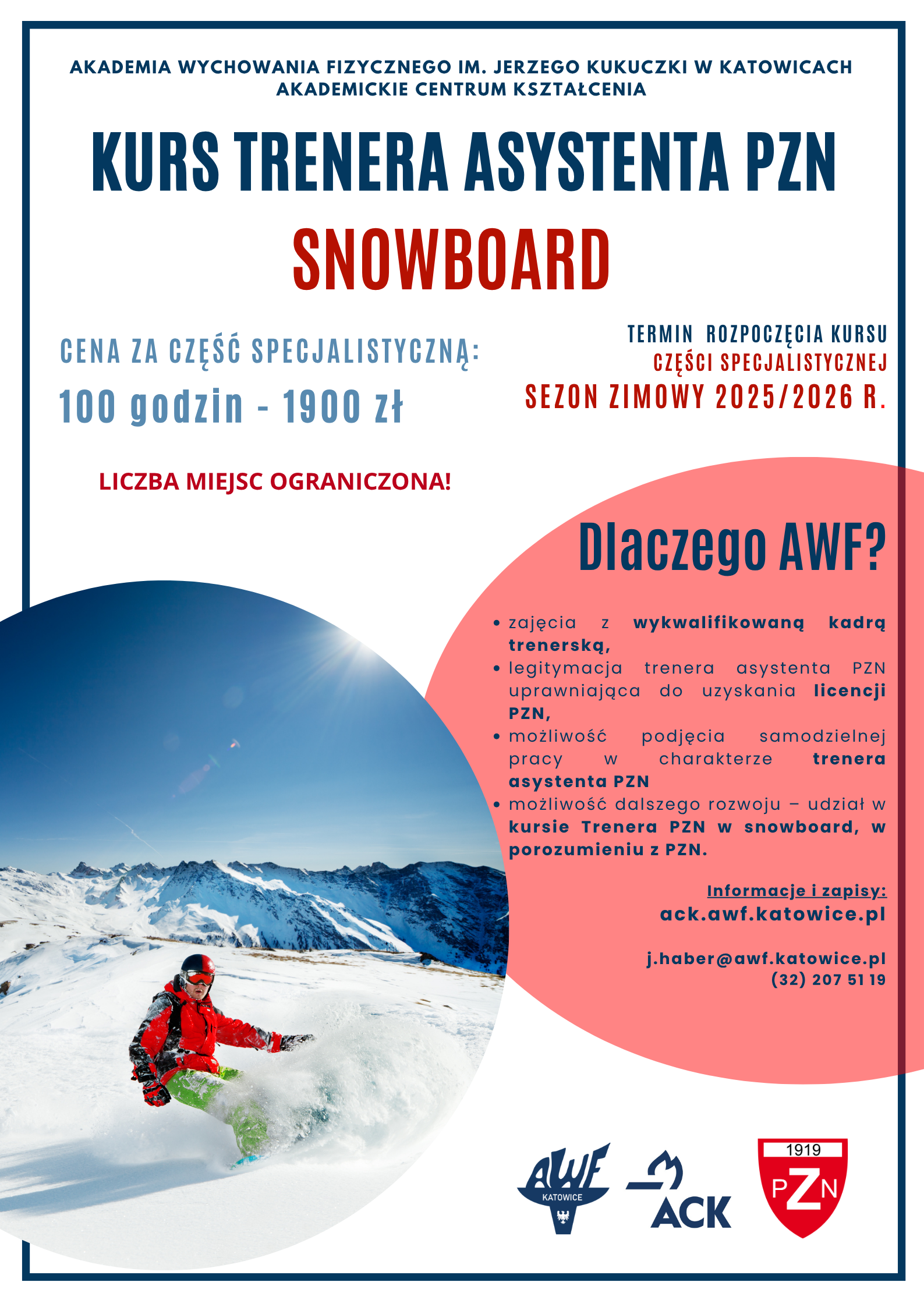 Plakat kursu trenera asystenta PZN w snowboardzie