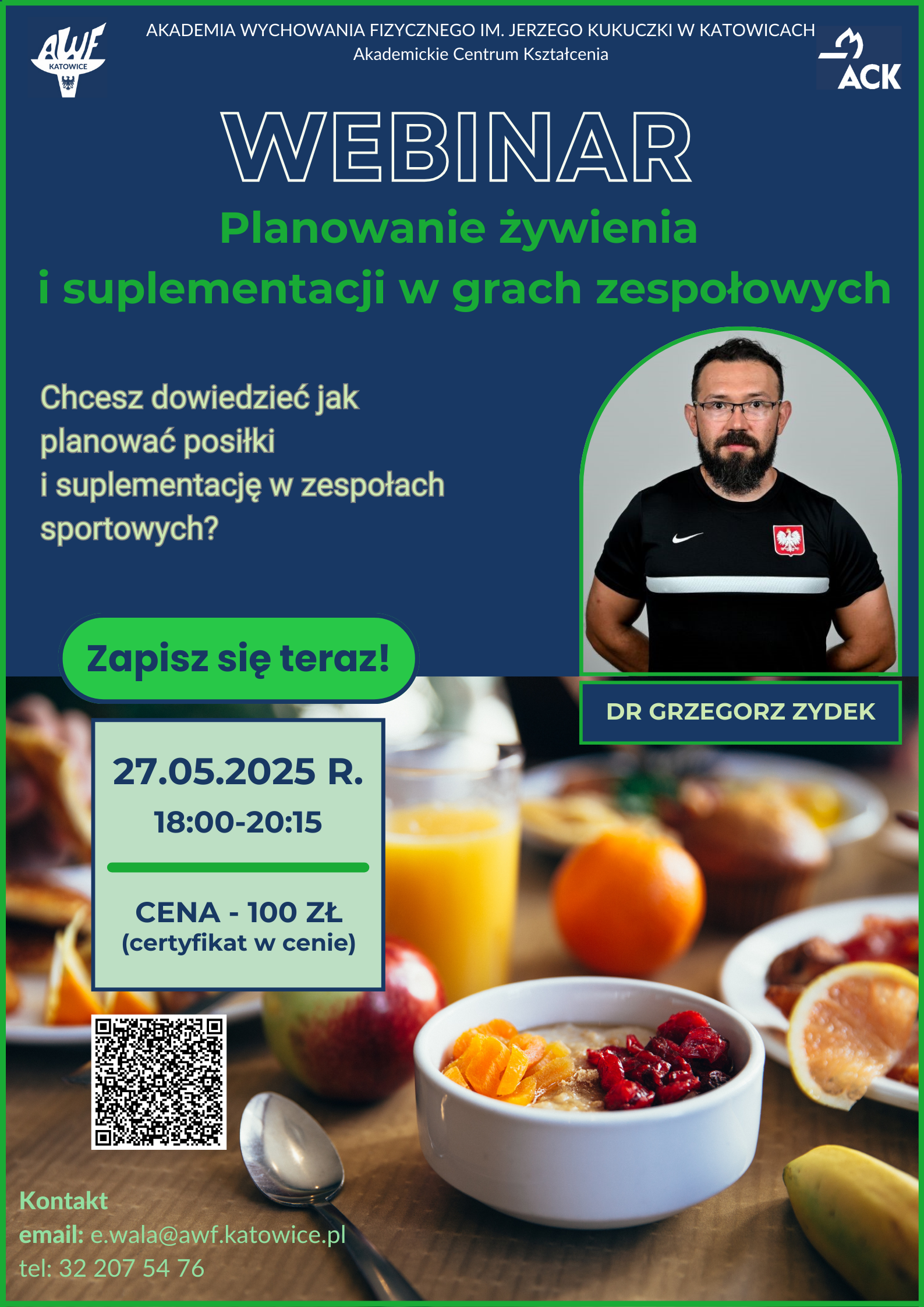 Plakat webinaru Planowanie żywienia i suplementacji w grach zespołowych
