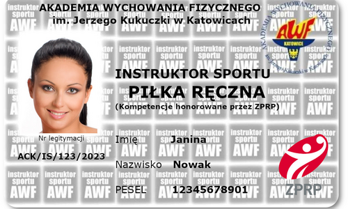 Legitymacja instruktora sportu z przodu