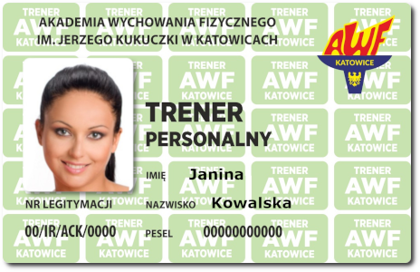 Legitymacja trenera personalnego AWF Katowice z przodu