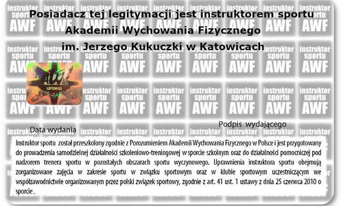 Legitymacja instruktora sportu z tyłu