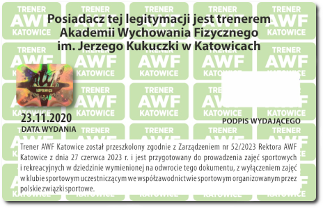 Legitymacja trenera personalnego AWF Katowice z tyłu